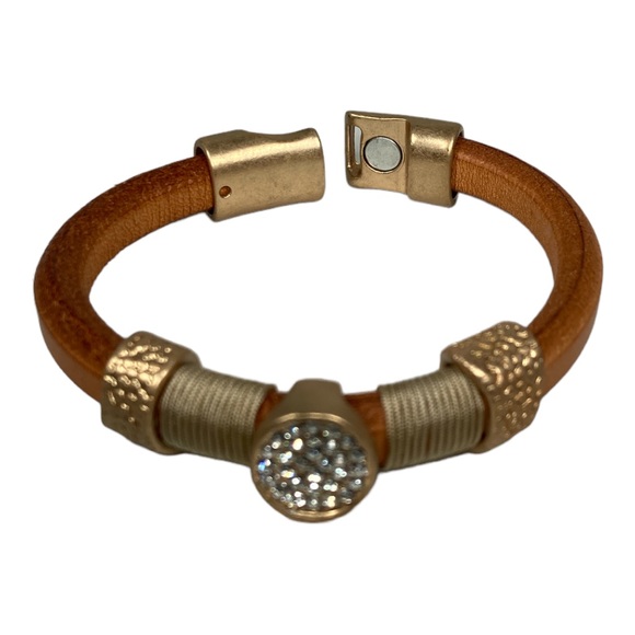 Brown Leather Bracelet with Gold  and Clear Crystals - Picture 5 of 8